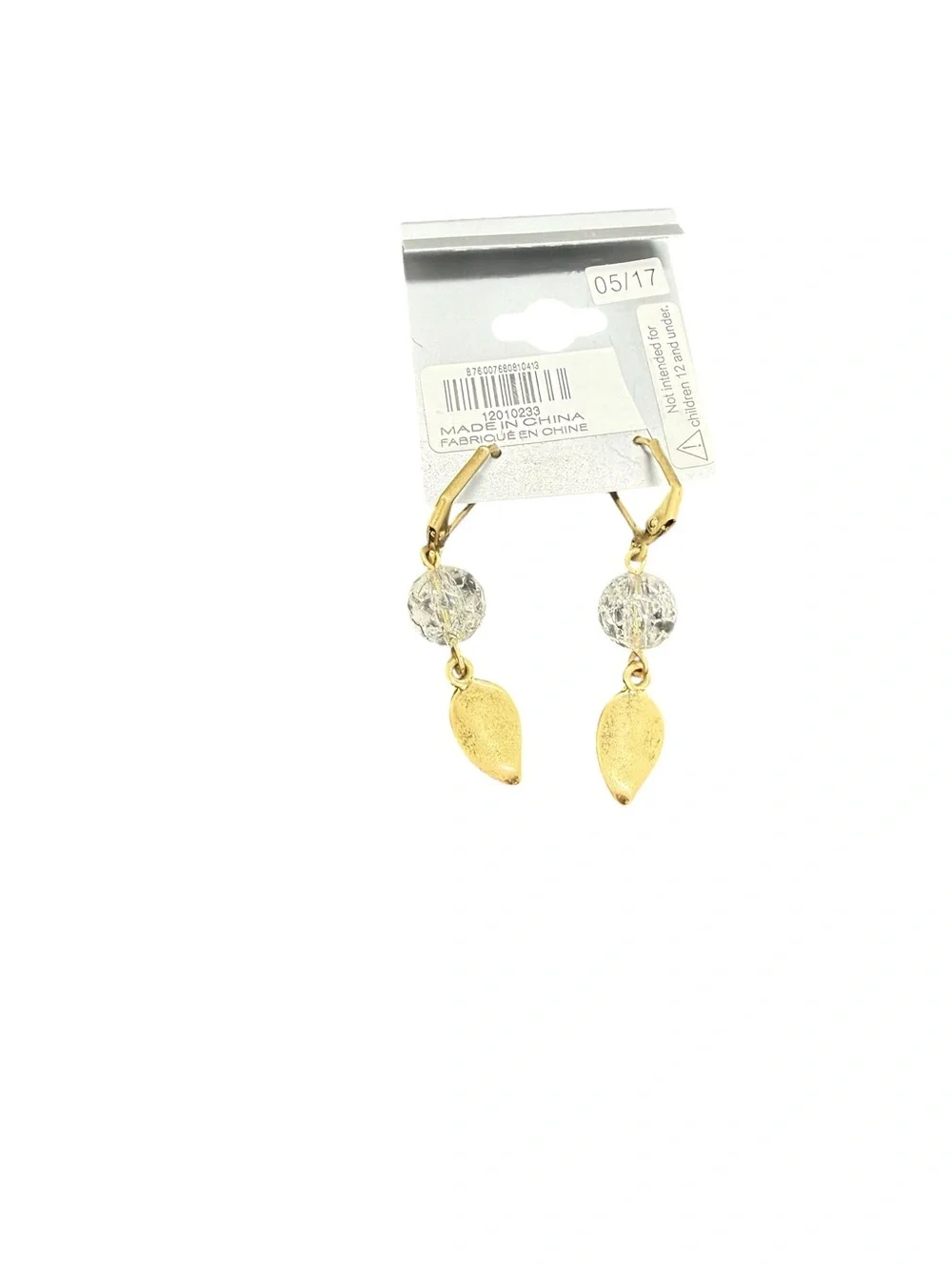 💛EXPRESS💛Gold-Tone Leaf Drop Earrings with Clear Crackle Bead Accent/NWT - Picture 3 of 3